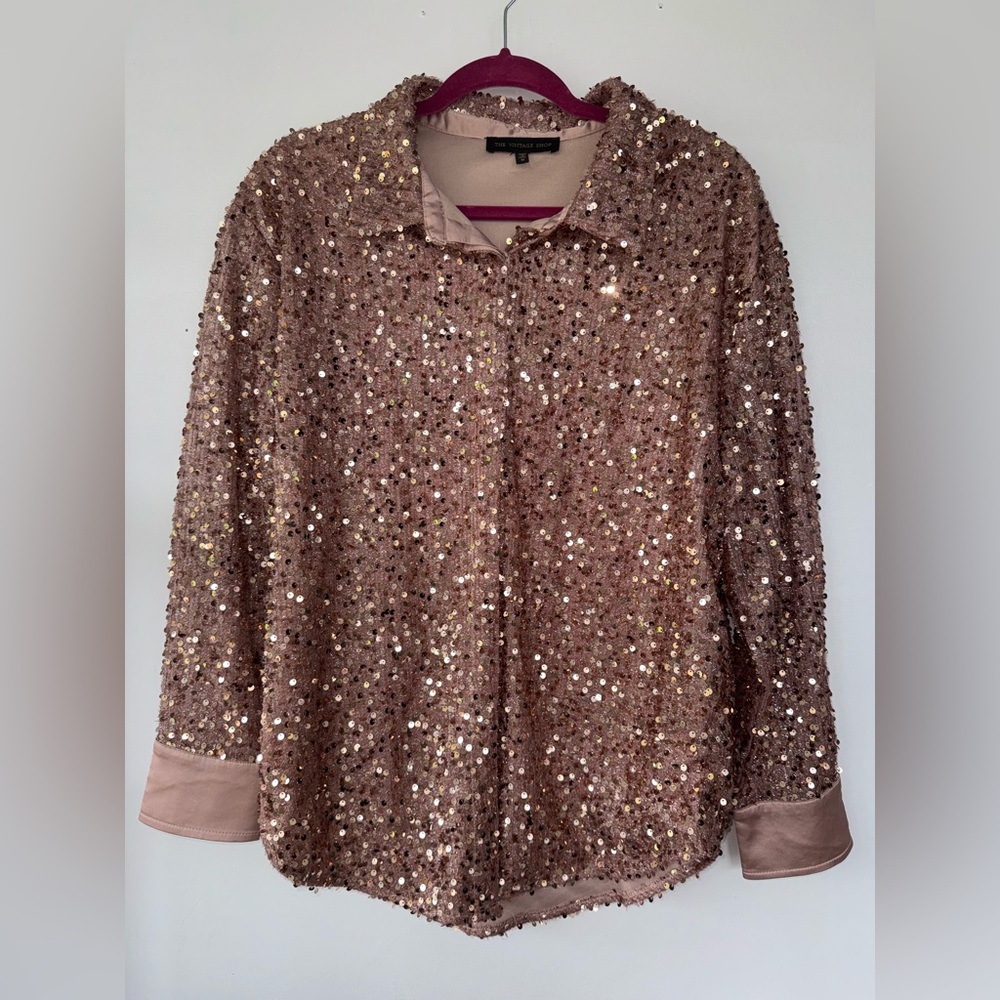 The Vintage Shop Pink Rose Gold Sequin Button Down‎ Oversized Shirt Size M